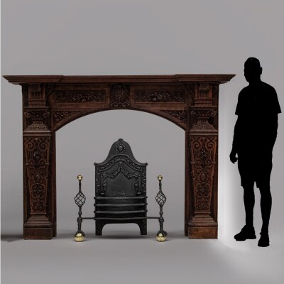 Monumental Antique Arts & Crafts Carved Oak Fireplace Surround