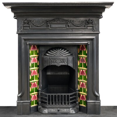 Antique Art Nouveau Combination Fireplace with Green & Red Tiles