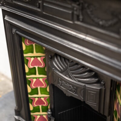 Antique Art Nouveau Combination Fireplace with Green & Red Tiles