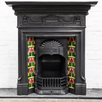 Antique Art Nouveau Combination Fireplace with Green & Red Tiles