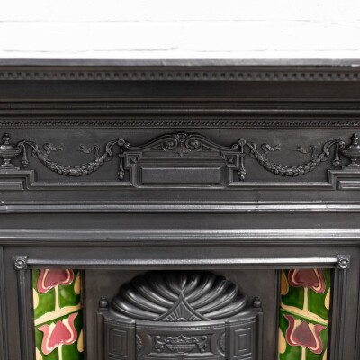 Antique Art Nouveau Combination Fireplace with Green & Red Tiles