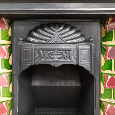 Antique Art Nouveau Combination Fireplace with Green & Red Tiles