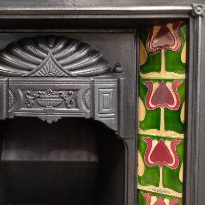 Antique Art Nouveau Combination Fireplace with Green & Red Tiles