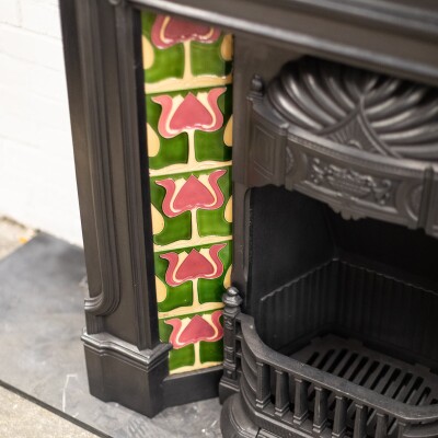 Antique Art Nouveau Combination Fireplace with Green & Red Tiles