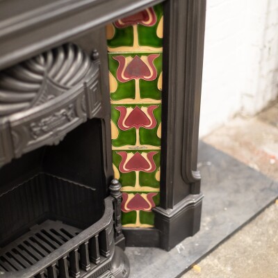Antique Art Nouveau Combination Fireplace with Green & Red Tiles