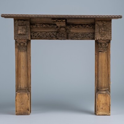 Antique Carved Oak & Pine Jacobean Style Fireplace Surround