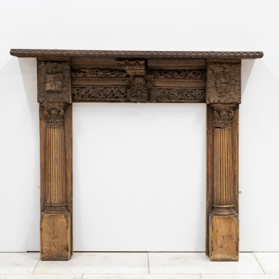 Antique Carved Oak & Pine Jacobean Style Fireplace Surround