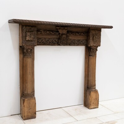 Antique Carved Oak & Pine Jacobean Style Fireplace Surround