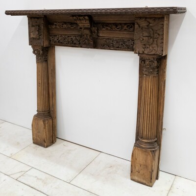 Antique Carved Oak & Pine Jacobean Style Fireplace Surround