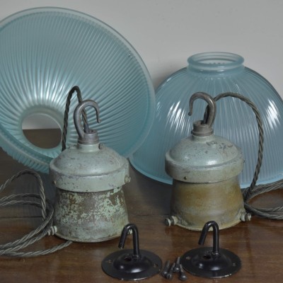 Pair Turquiose Holophane  Pendant Lights