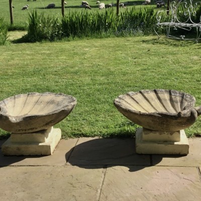Vintage Pair Large Reconstituted Stone Scallop Shaped Planters on Stands