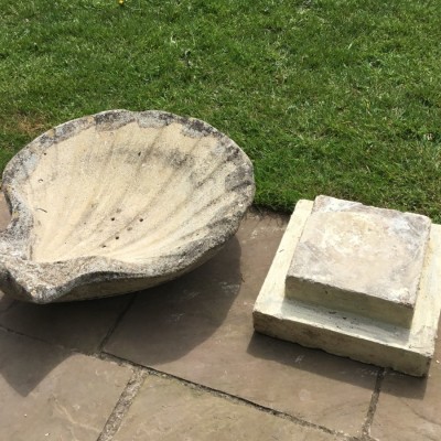 Vintage Pair Large Reconstituted Stone Scallop Shaped Planters on Stands