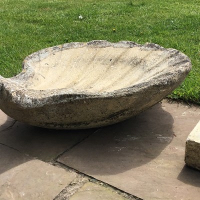 Vintage Pair Large Reconstituted Stone Scallop Shaped Planters on Stands