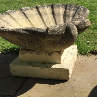 Vintage Pair Large Reconstituted Stone Scallop Shaped Planters on Stands