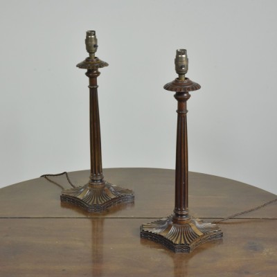 Pair Mahogany Fluted Column Lamps