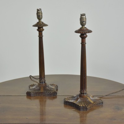 Pair Mahogany Fluted Column Lamps