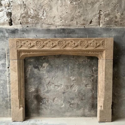  Antique Carved Bath Stone Gothic Revival Fireplace Surround