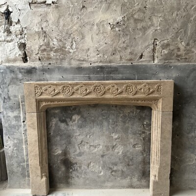  Antique Carved Bath Stone Gothic Revival Fireplace Surround