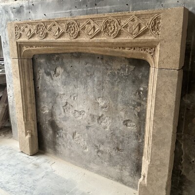  Antique Carved Bath Stone Gothic Revival Fireplace Surround