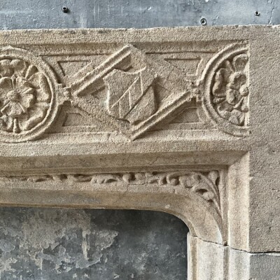  Antique Carved Bath Stone Gothic Revival Fireplace Surround