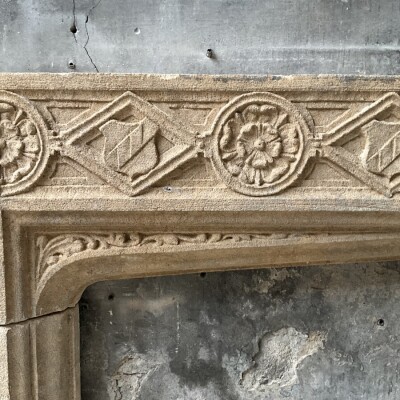  Antique Carved Bath Stone Gothic Revival Fireplace Surround
