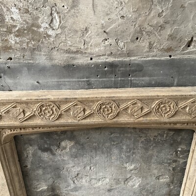  Antique Carved Bath Stone Gothic Revival Fireplace Surround