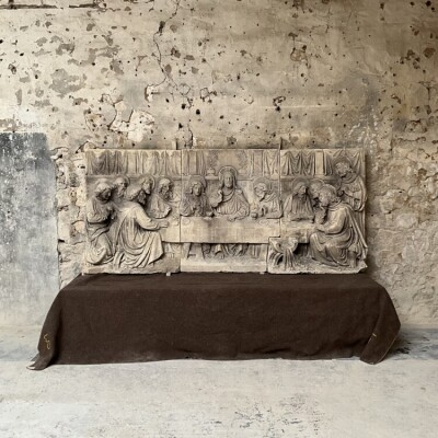Restored Antique Carved Limestone Frieze Of The Last Supper