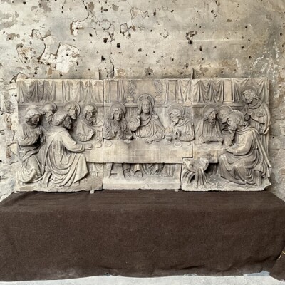 Restored Antique Carved Limestone Frieze Of The Last Supper