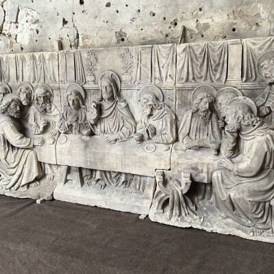 Restored Antique Carved Limestone Frieze Of The Last Supper
