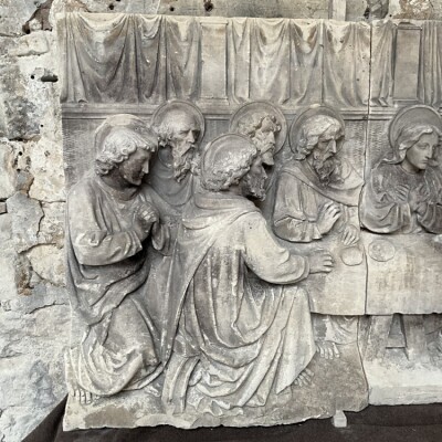 Restored Antique Carved Limestone Frieze Of The Last Supper