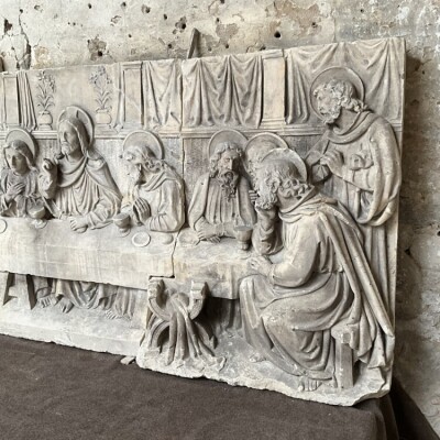 Restored Antique Carved Limestone Frieze Of The Last Supper