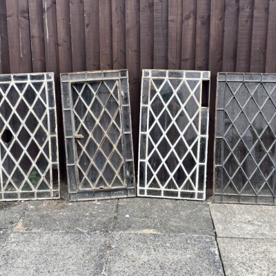 Set of 6 Casement Diamond Panel Lattice Cast iron Cottage Windows 19th C 